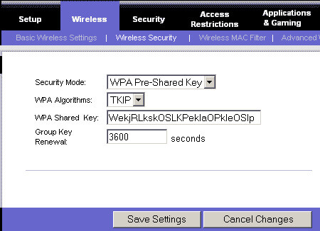router configure Wireless with WPA Security Key