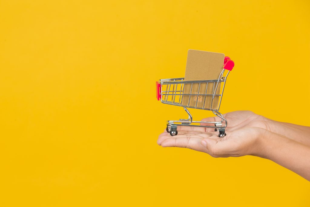 Shopping concept of a beautiful woman holding a cart in her hand