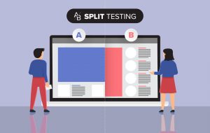 A woman and a man engaged in A/B testing, carefully analyzing data on a split screen