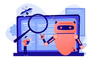 An AI robot diligently working on website SEO to optimize search engine rankings