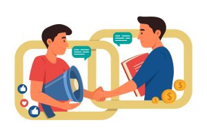 Two individuals confidently shaking hands, representing a successful affiliate marketing collaboration