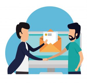 Two persons shaking hands and holding an email letter, symbolizing a successful business partnership