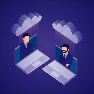 Illustration of team collaboration on cloud computing hosting