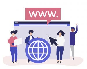 A group of people collaborating and discussing business ideas, with various domain names and website logos displayed
