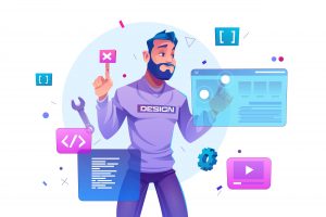 A skilled man confidently crafting web design, bringing creativity and expertise to life