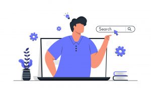 A man with magnifying glasses, conducting keyword research for Google Ads