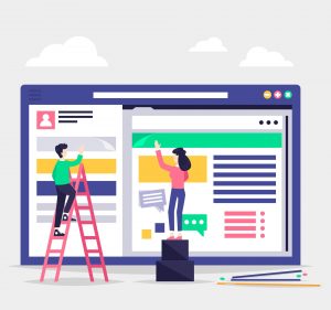 Illustration of two employees working on customising website's landing page