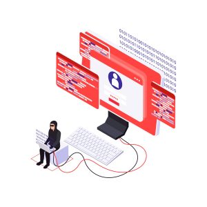 Illustration of DDoS attack on a website stealing valuable information and user's data