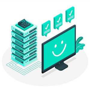 Illustration of server racks and a desktop to represent dedicated hosting environment