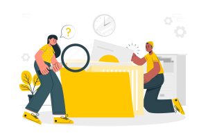 Illustration of employees searching for missing data 
