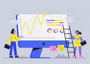Illustration of employees analyzing website performance based on the KPIs and metrics