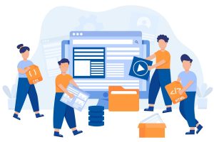 illustration of web developers using plugins and multiple components for wordpress blog design
