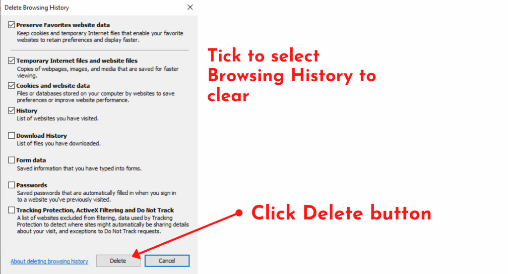 delete browsing history in internet explorer