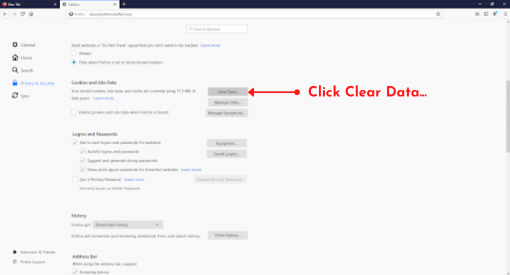 Clear Data on Mozilla Firefox